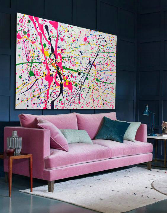 Contemporary Canvas Paintings,Oversized Horizontal Contemporary Art,Original Abstract Painting Canvas Art,Pink,White,Yellow,Green.etc